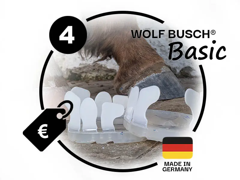 Imagebild für die neue Basic Laschen zum Kleben eines Hufeisens. Es sind drei Icons zu sehen - eins steht für Grösse 4, für einen günstigen Preis und für Made in Germany.