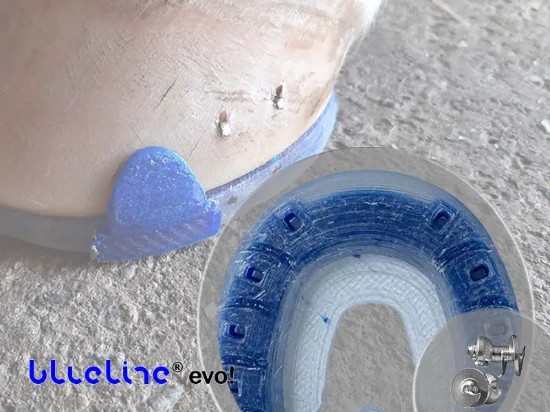 Dettaglio della punta della ferratura blueline® evo con nucleo blu e ramponi. Sullo sfondo, uno zoccolo ferrato con barbette da saldare.