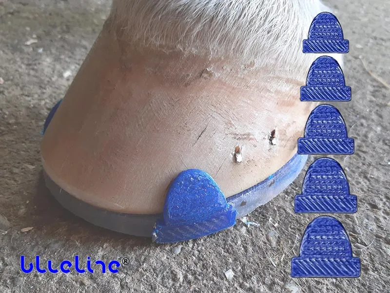 Dettaglio di uno zoccolo con ferratura blueline® evo sullo sfondo e le cinque diverse misure di barbette da saldare in primo piano.