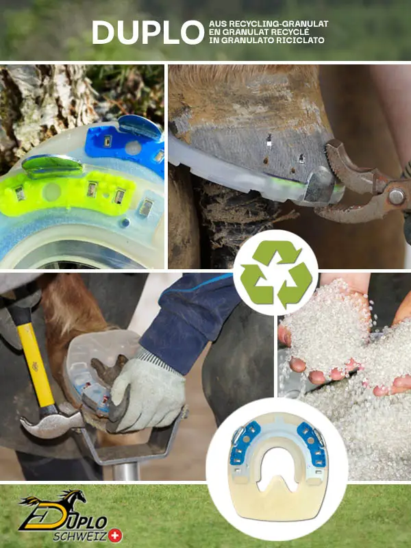 Immagine di ferrature in granulato riciclato con rialzi – una protezione dello zoccolo ammortizzante con rivestimento in materiale plastico e nucleo metallico stabile, a un prezzo vantaggioso e nel rispetto delle risorse ambientali.