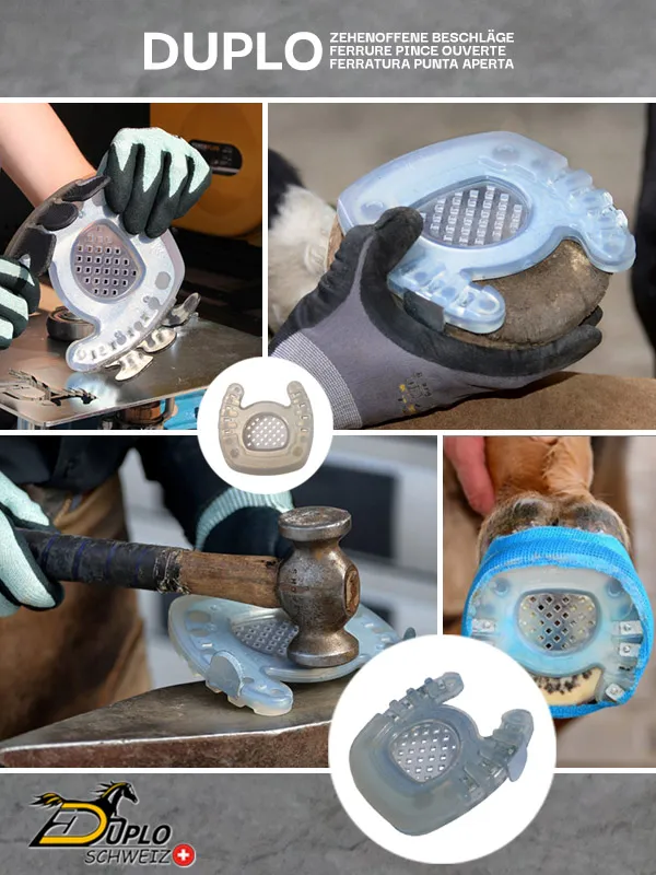 Application de fers à cheval à pince ouverte avec enveloppe plastique et grille intégrée, utilisables en collage, clouage ou en tant que fer en cast, adaptés à un usage thérapeutique, par exemple en cas de fourbure.