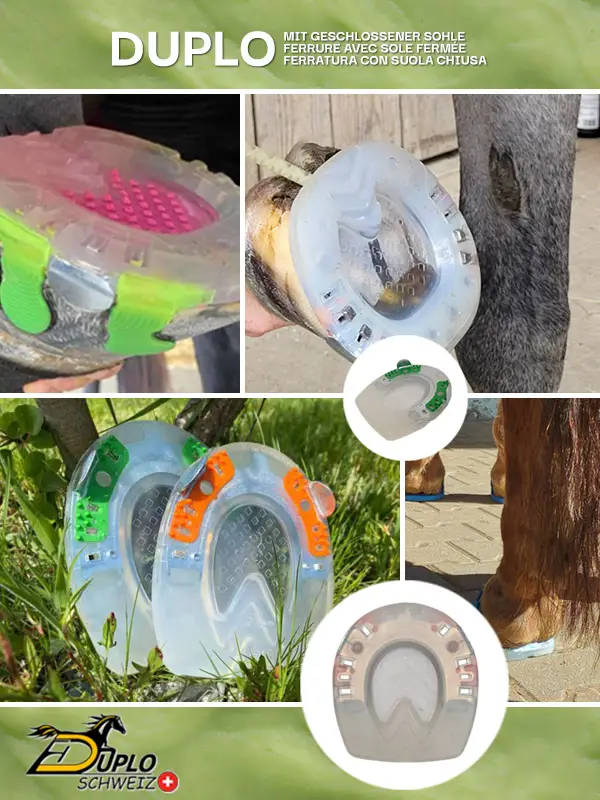 Ferrure composite à semelle fermée en situation d’utilisation : illustration de l’application sur le sabot du cheval avec du rembourrage malléable et liquide, ainsi que des vues détaillées de la semelle fermée.