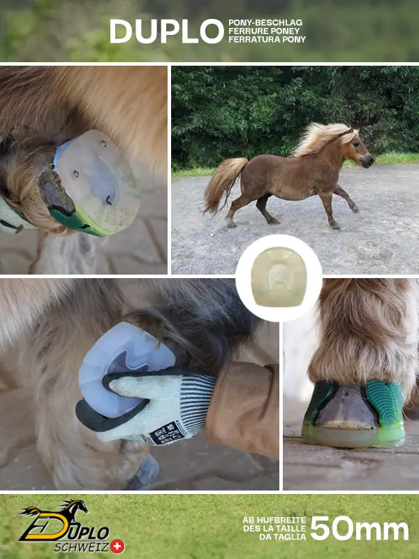 Immagini di ferrature ammortizzanti in materiale plastico per pony. Disponibili a partire dalla misura di zoccolo 50 mm e progettate per l'applicazione con linguette adesive.