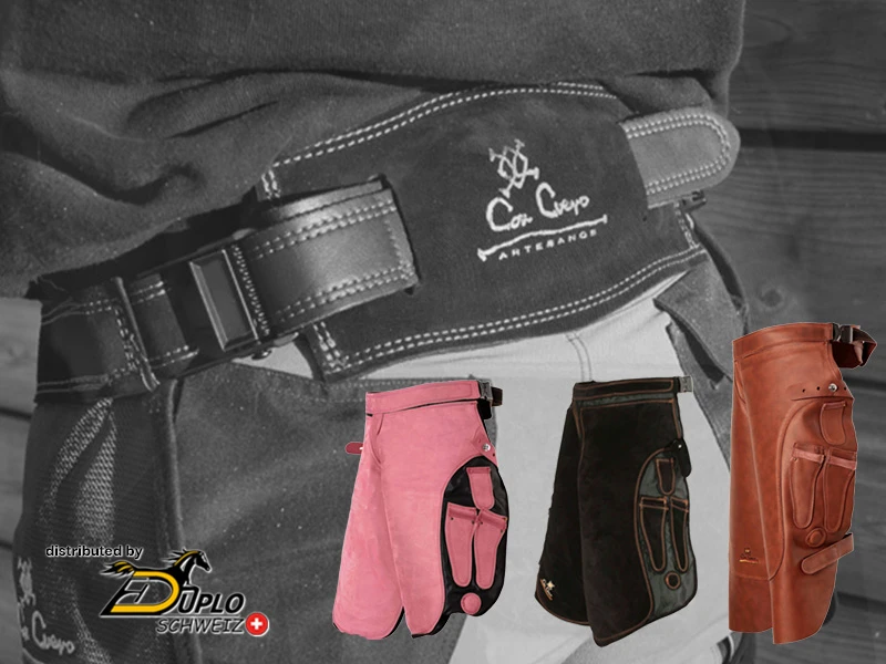 Ergonomisch geformter Hüftgurt der Con Cuero Schmiedeschürzen im Hintergrund; im Vordergrund die Modelle Elite und Olympic.