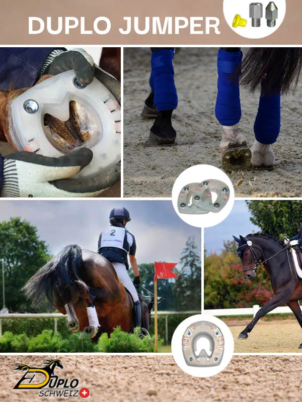 Fer à cheval composite Duplo Straight Bar avec pinçons latéraux et filetages pour crampons, offrant amorti des chocs et adhérence optimale pour le saut d’obstacles et le concours complet.
