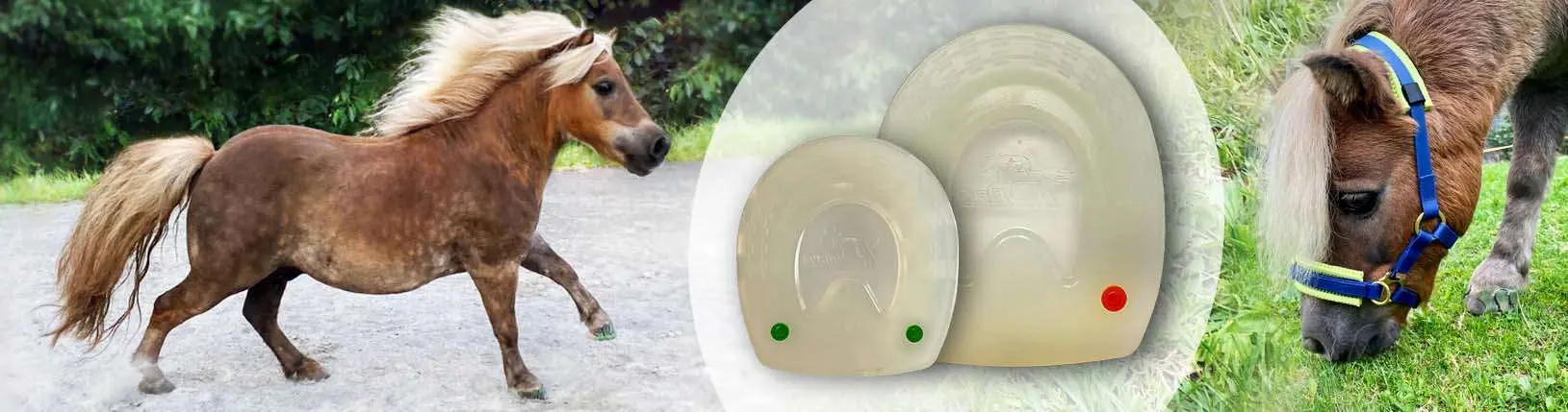 Beispielbild für verschiedene Grössen und Formen von Ponybeschlägen aus Kunststoff.