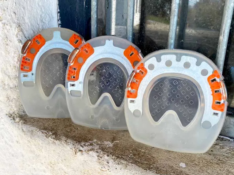 Varie forme di ferratura composita con soletta integrata- - Forma rotonda oppure con punta quadra per gli zoccoli anteriori, e forma ovale per quelli posteriori.