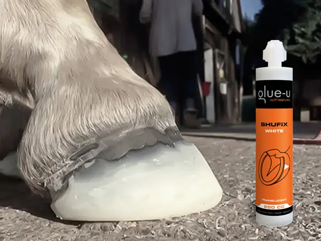 Detailaufnahme eines mit SHUFIX bearbeiteten Fohlenhufs auf Steinen. Daneben steht eine SHUFIX-Kartusche von glue-u.