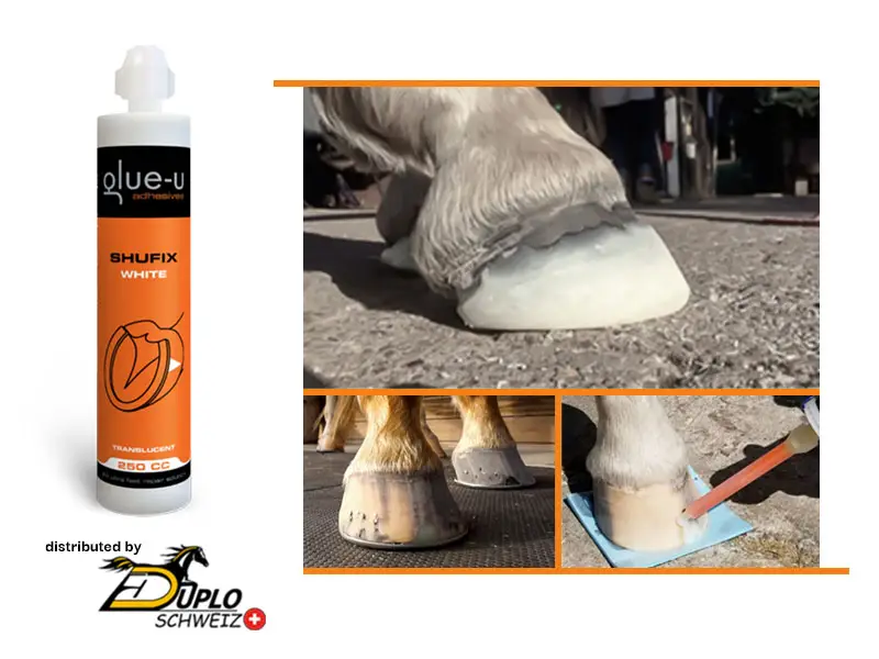 SHUFIX Hufreparaturmaterial von glue-u: Produktkartusche neben Anwendungsbildern, die eine Hufreparatur und Verlängerung am Pferdehuf zeigen und Korrekturen an der Hufwand.