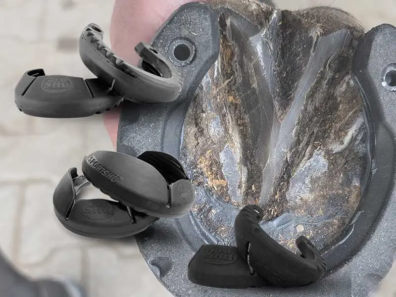 Detailaufnahme eines mit einem GluShu beklebten Hufes und die Imagebilder der verschiedenen Varianten: der GluShu, der SportShu und der FoalShu.