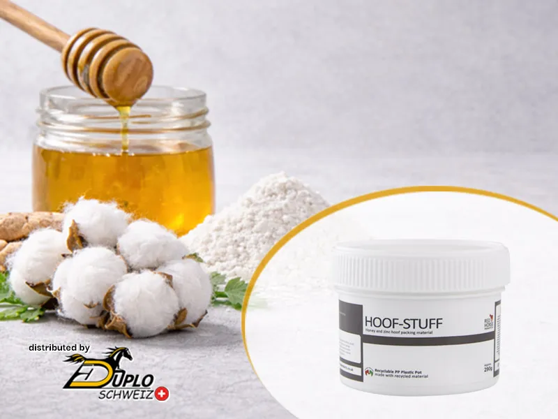 Hoof Stuff® von Red Horse®: natürliche Inhaltsstoffe wie Naturfasern, bioaktiver Honig und Zinkoxid bilden den antibakteriell wirkenden Hufkitt.