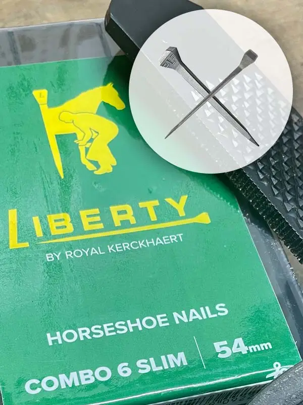 Imagebild für die Combo Slim Hufnägel von Liberty von Royal Kerckhaert; man sieht die Nägel und die grüne Verpackung, außerdem einen Ausschnitt einer Hufraspel.