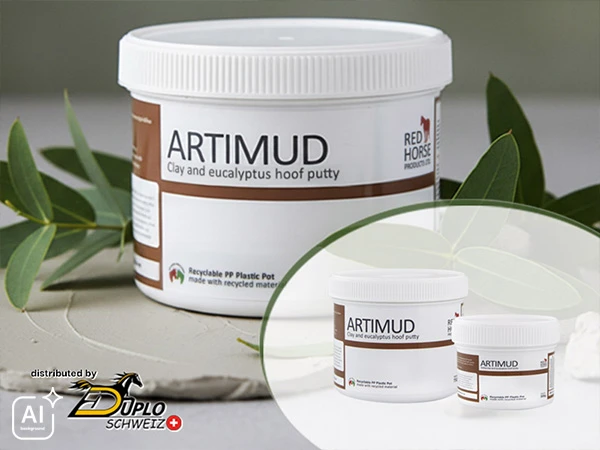Artimud von Red Horse® enthält natürliche Inhaltsstoffe wie Tonerde, bioaktiven Honig, Zinkoxid und Eukalyptusöl, die zur Gesunderhaltung des Hufes beitragen können. Foto mit KI bearbeitet.