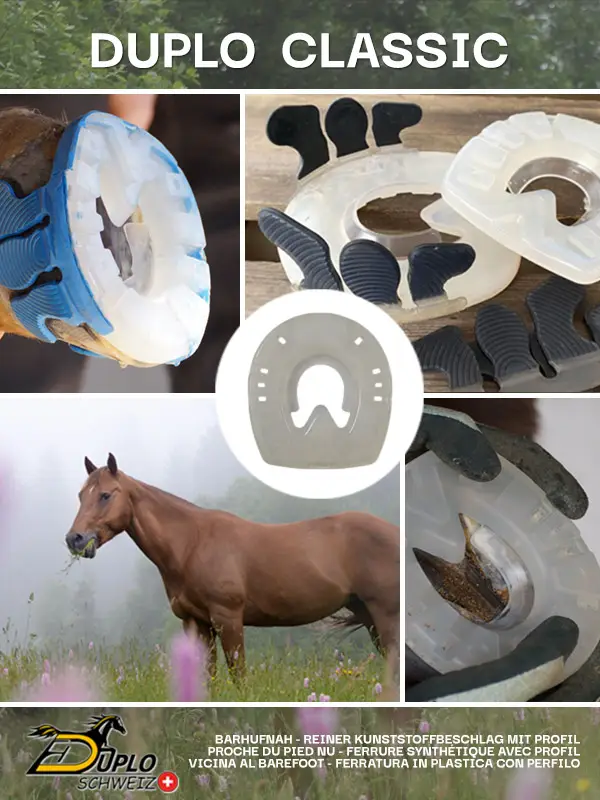 Duplo Classic – barhufnaher reiner Kunststoffbeschlag mit verstärktem Profil im Einsatz am Pferdehuf.