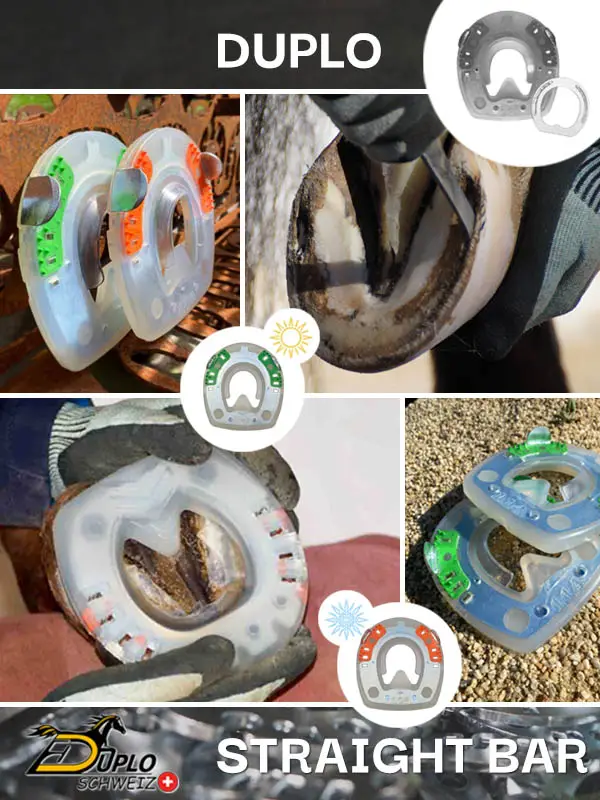 Collage über Straight Bar Hufeisen mit stossdämpfendem Kunststoffmantel, stabilelm Quersteg und Seitenkappen