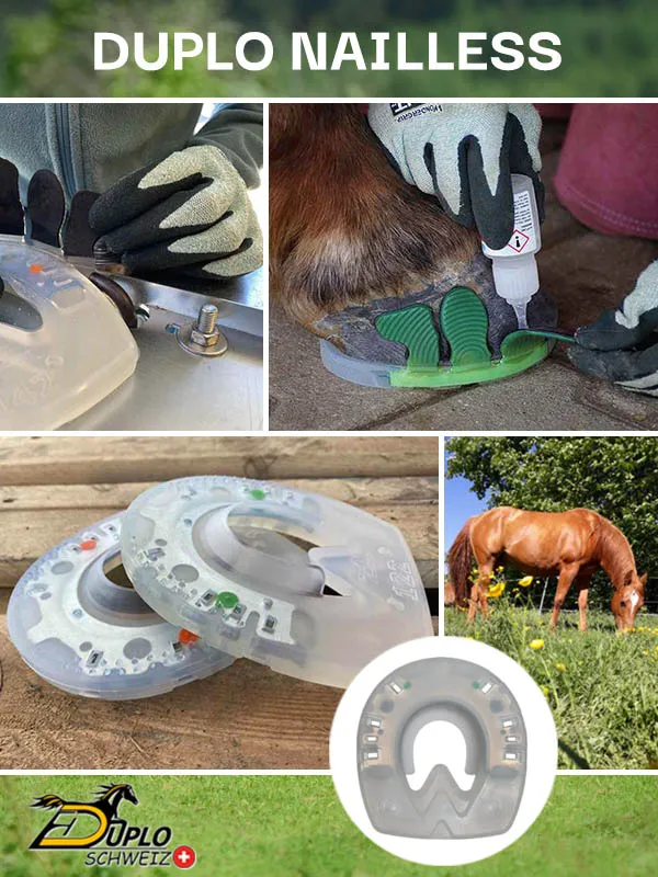 Collage für den Nailless Verbundbeschlag, das extra für den nagellosen Hufschutz entwickelt wurde. Für optimale Bewegungsfreiheit der Hornkapsel und geringeres Verletzungsrisiko hat der Nailless keine Seitenkappen. Er ist in verschiedenen Formen für Vorder-und Hinterhufe und Härtegraden für Sommer und Winter erhältlich.