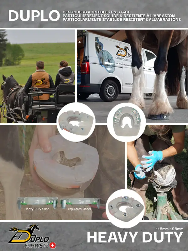 Duplo Heavy Duty Verbundhufeisen im Einsatz: Zugpferd im Fahrbetrieb, Hufbeschlag an einem Kaltblutpferd, Detailansichten des verstärkten Metallkerns und des Kunststoffmantels sowie Vergleich des Kunststoffmantels der Heavy Duty Shoes (118–198 mm) gegenüber regulären Verbundhufeisen.