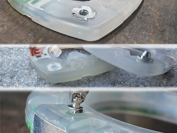 Dreiteiliges Bild zur Darstellung der Möglichkeiten: das manuelle Nachrüsten mit Stollen-Einschlagmuttern, die Nutzung eines Hufeisen-Modells mit Gewinde für Stollen und kleine Spikes als Vorstufe zu Stollen.
