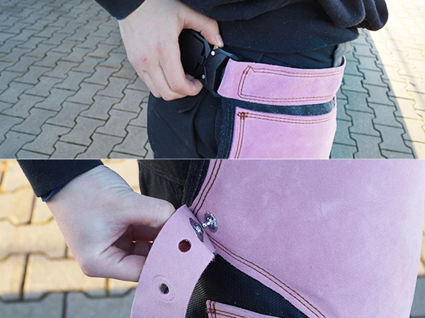 Die Schmiedeschürzen von Con Cuero zeichnen sich durch hochwertige Verschlüsse aus. Das Bild zeigt die Schnalle am Hüftgurt sowie den TENAX-Verschluss an den Oberschenkeln.