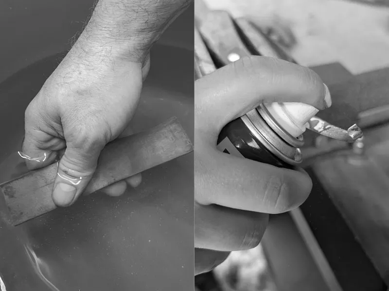 Vergleichsbild: Wetzstein ins Wasser legen und Hufmesser mit Öl behandeln – Vorbereitung zum Schleifen und Schärfen mit Ölschleifsteinen bzw. Wasserschleifsteinen.